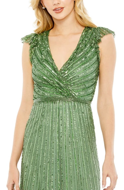 Mac Duggal Sequined Wrap Over Cap Sleeve Ruffle Hem Dress In Sage