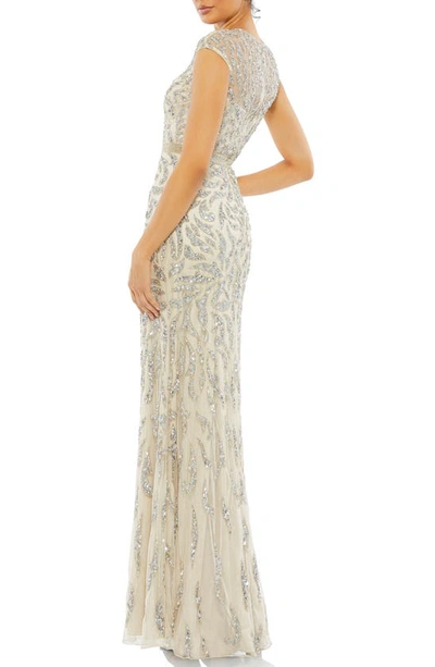 Shop Mac Duggal Beaded Paisley Sleeveless Trumpet Gown In Silver Nude