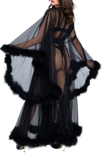 Roma Confidential Hollywood Glam Feather Trim Mesh Robe In Black