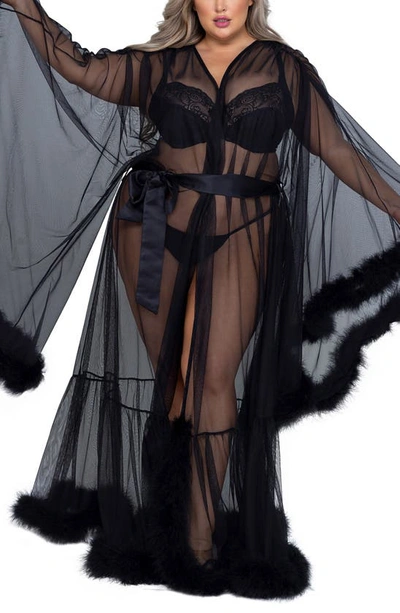 Roma Confidential Hollywood Glam Feather Trim Mesh Robe In Black