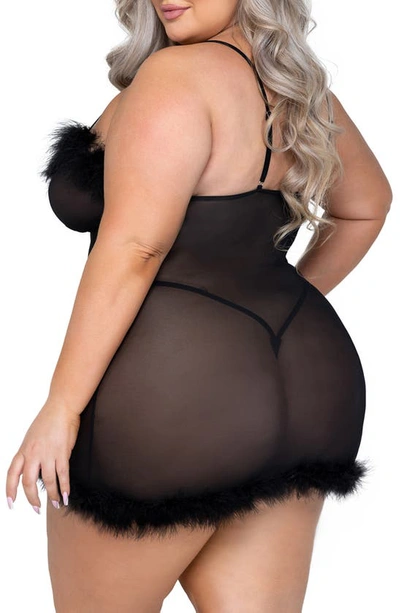 Roma Confidential After Hours Feather Trim Mesh Chemise With G-string Thong In Black