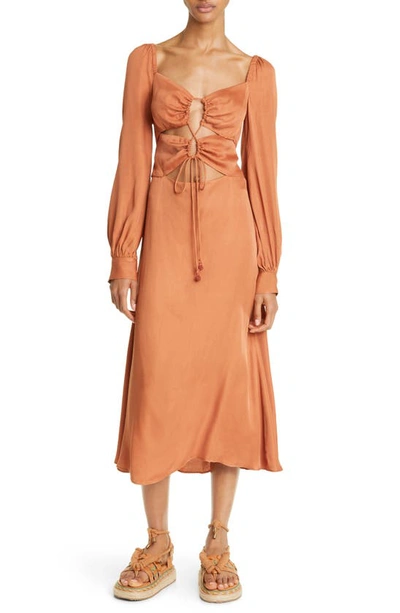 Shop Farm Rio Caramel Tie Front Cutout Long Sleeve Dress In Brown