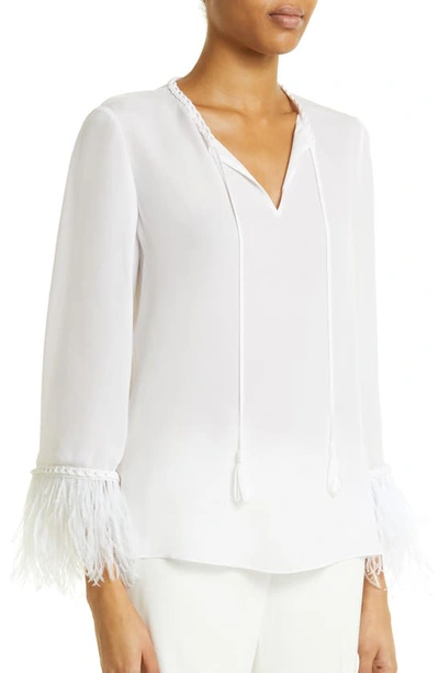 Shop Kobi Halperin Jilly Feather Cuff Silk Blouse In White