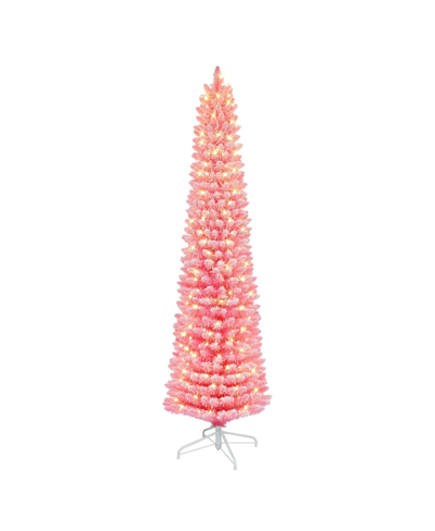 Shop Puleo 6.5' Pre-lit Flocked Fashion Pencil Tree With 200 Underwriters Laboratories Clear Incandescent Light In Pink
