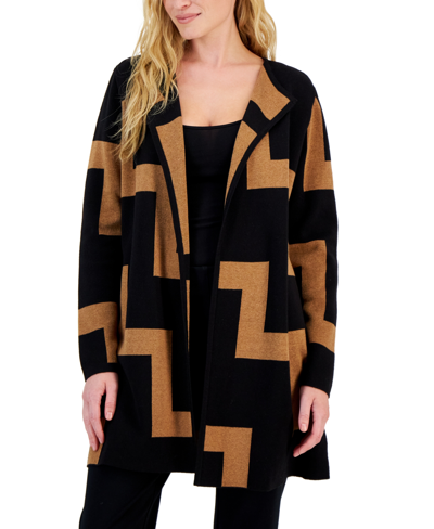 Shop Anne Klein Petite Geo-print Open-front Long-sleeve Cardigan In Vicuna/ Anne Black