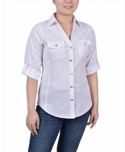 Ny Collection Women's 3/4 Roll Tab Blouse With Pockets In White