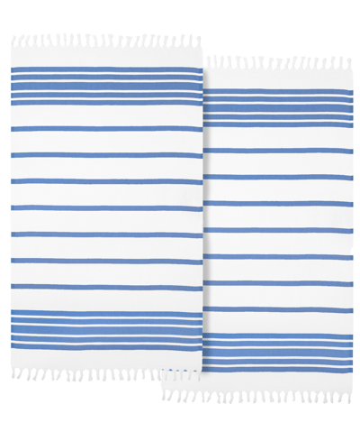 Linum Home Herringbone Pestemal 100% Turkish Cotton 2-pack Beach Towels In Royal Blue And White