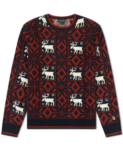 Shop Nautica Men's Authentic Reissue Moose Print Cozy Holiday Sweater In Navy