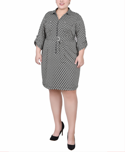 NY COLLECTION PLUS SIZE BELTED ROLL TAB ZIP FRONT SHIRTDRESS 
