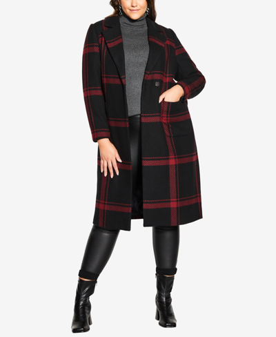 Shop City Chic Trendy Plus Size Checkmate Coat In Ruby/black