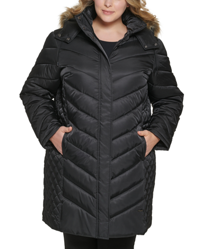 Kenneth Cole Women's Plus Size Faux-fur-trim Hooded Puffer Coat, Created  For Macy's In Black | ModeSens