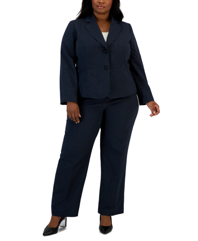 Le Suit Plus Size Two-button Pinstriped Pantsuit In Navy