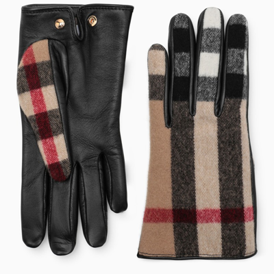 Shop Burberry Check Pattern Gloves In Wool In Beige