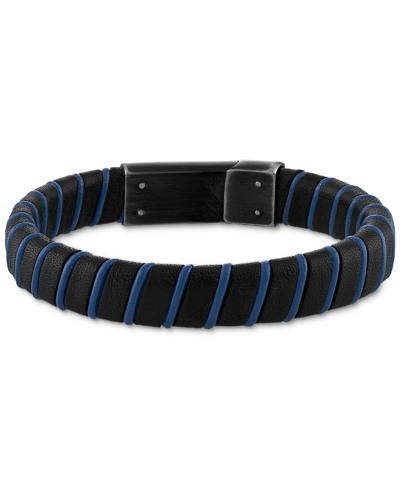 Esquire Men's Jewelry Woven Black & Blue Leather Bracelet In Sterling Silver, Created For Macy's In Silver