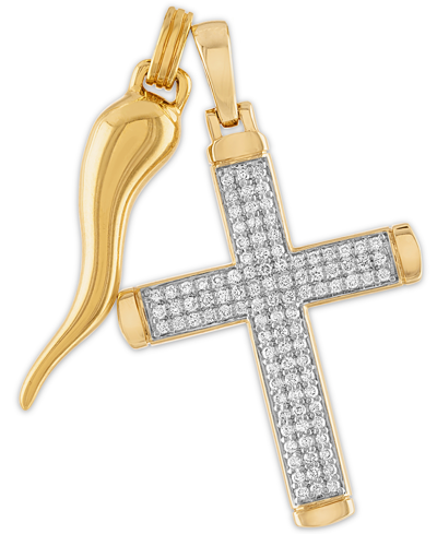 Shop Esquire Men's Jewelry 2-pc. Set Cubic Zirconia Cross And Horn Pendants In 14k Gold-plated Sterling Silver, Created For Mac In Gold Over Silver
