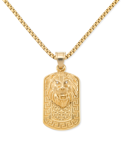 Shop Legacy For Men By Simone I. Smith Crystal Lion Head & Greek Key Dog Tag 24" Pendant Necklace In Yellow Ion-plated Stainless Stee In Gold-tone