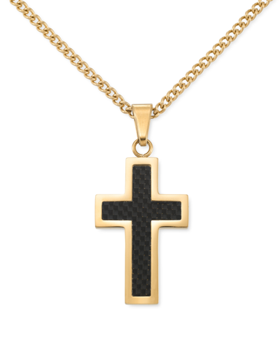 Legacy For Men By Simone I. Smith Black Carbon Fiber Cross 24" Pendant Necklace In Gold-tone Ion-plated Stainless Steel In Black