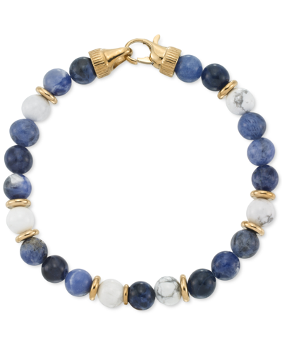 Shop Legacy For Men By Simone I. Smith Lapis Lazuli & White Agate Bead Stretch Bracelet In Gold-tone Ion-plated Stainless Steel