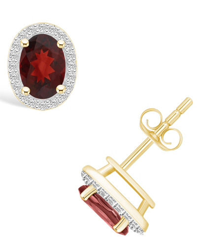 Macy's Lab Grown Ruby (1-3/4 Ct. T.w.) And Lab Grown Sapphire (1/5 Ct. T.w.) Halo Studs In 10k Yellow Gold In Garnet