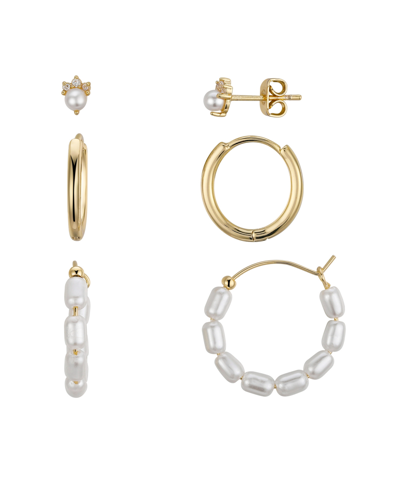 Shop Unwritten Cubic Zirconia And Imitation Pearl Stud And Hoop Earring Set, 3 Piece In Gold Flash-plated