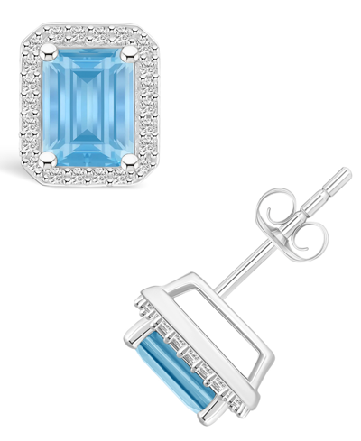 Macy's Lab Grown Spinel Aquamarine (2-1/10 Ct. T.w.) And Lab Grown Sapphire (1/4 Ct. T.w.) Halo Studs In 10 In Aquamarine