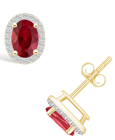 Macy's Lab Grown Ruby (1-3/4 Ct. T.w.) And Lab Grown Sapphire (1/5 Ct. T.w.) Halo Studs In 10k Yellow Gold In Ruby