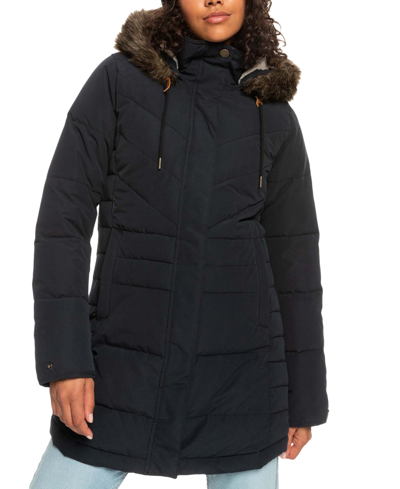 Shop Roxy Juniors' Ellie Quilted Faux-fur-trim Hooded Jacket In True Black