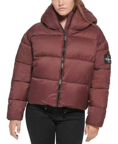 Shop Calvin Klein Jeans Est.1978 Women's Cropped Hooded Puffer Jacket In Bitter Chocolate