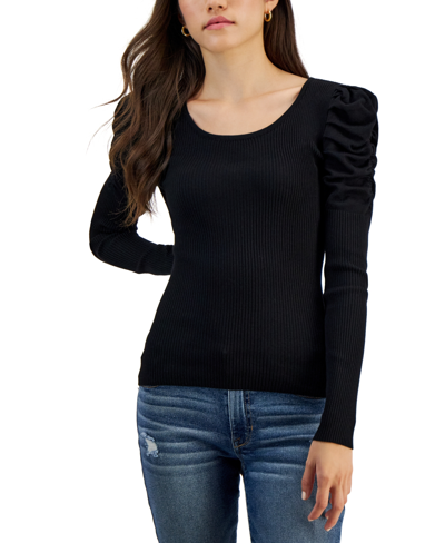 Shop Crave Fame Juniors' Scoop-neck Puff-shoulder Ribbed Sweater In Black