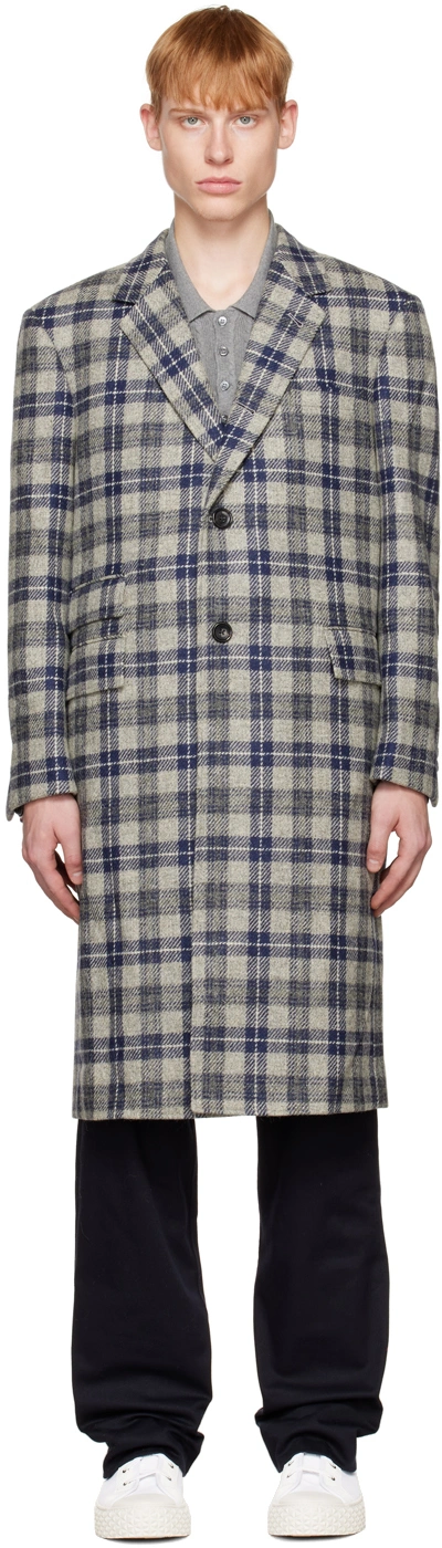 Shop Thom Browne Gray & Blue Tartan Coat In 035 Med Grey