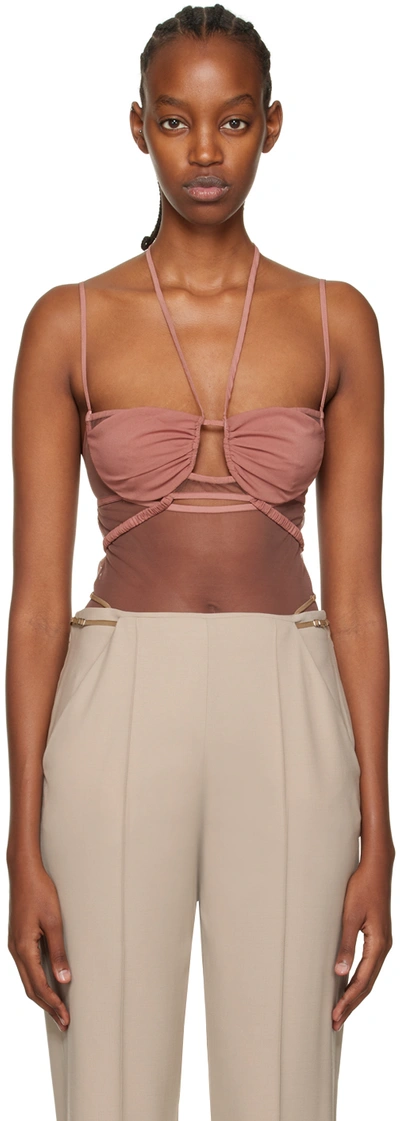 Nensi Dojaka Taupe Draped Double Bra Bodysuit In Mocha Mocha