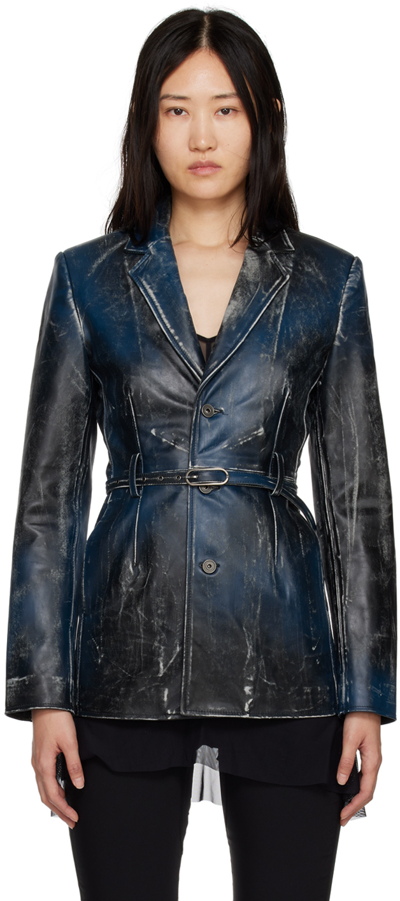 Shop Knwls Blue Amr Leather Jacket In Blue Wash
