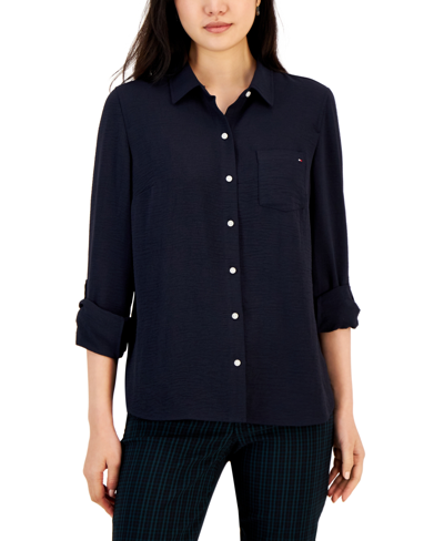 Shop Tommy Hilfiger Women's Roll-tab-sleeve Button-down Emblem Shirt In Sky Capt