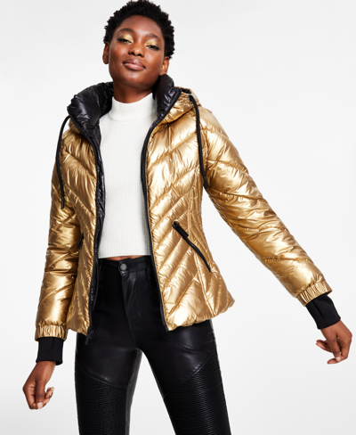 Shop Guess Women's Metallic Quilted Hooded Puffer Coat, Created For Macy's In Gold