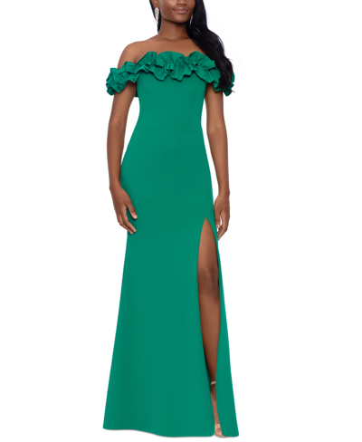 Shop Xscape Ruffled Off-the-shoulder Gown In Green