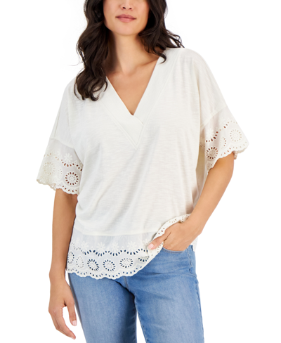 Shop Style & Co Women's Lace-trimmed Dolman-sleeve Tunic, Created For Macy's In Ivory