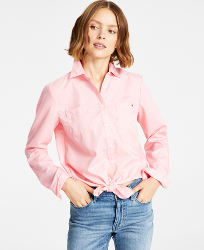 Tommy Hilfiger Women's Cotton Roll-tab Button-up Shirt In Ballerina Pink |  ModeSens