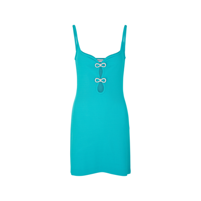 Shop Mach & Mach Bow-embellished Stretch-jersey Mini Dress In Turquoise