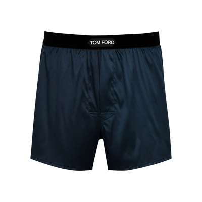Shop Tom Ford Logo Stretch-silk Boxer Shorts In Navy