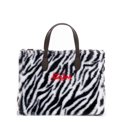 Shop Mc2 Saint Barth Zebra Teddy Fabric Vivian Handbag In Black