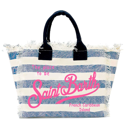 Shop Mc2 Saint Barth Vanity Canvas Shoulder Bag With Stripes Print In Blue