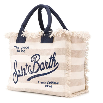 Shop Mc2 Saint Barth Vanity Canvas Shoulder Bag With Stripes Print In Brown