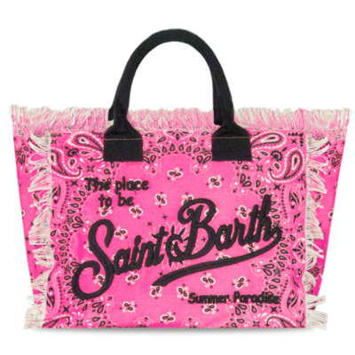 Shop Mc2 Saint Barth Vanity Canvas Shoulder Bag With Fluo Pink Bandanna Print