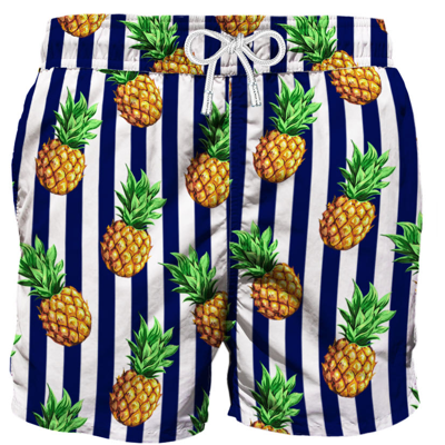 Shop Mc2 Saint Barth Striped Swim Shorts With Pineapple Print In Blue