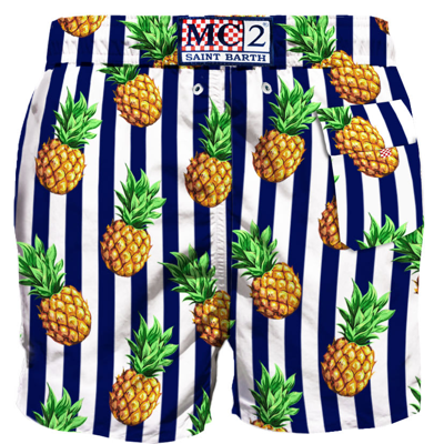 Shop Mc2 Saint Barth Striped Swim Shorts With Pineapple Print In Blue