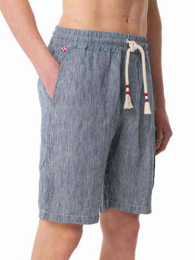 Shop Mc2 Saint Barth Striped Denim Color Linen Bermuda Shorts In Blue