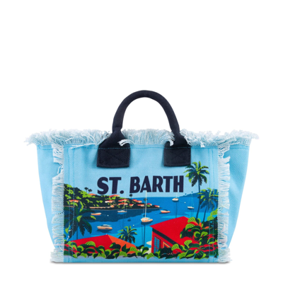 Shop Mc2 Saint Barth Colette Canvas Handbag With St. Barth Postcard Print In Blue