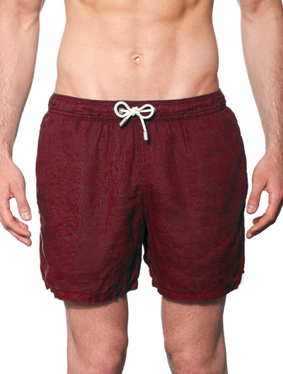 Shop Mc2 Saint Barth Solid Bordeaux Mid-length Linen Swim Shorts In Red