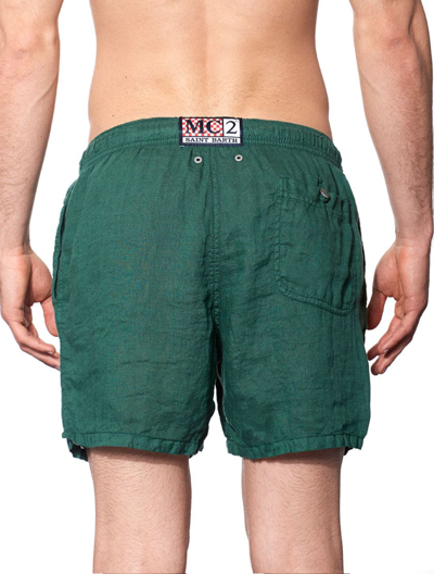 Shop Mc2 Saint Barth Solid Green Mid-length Linen Swim Shorts