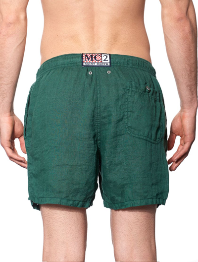Mc2 Saint Barth Solid Green Mid-length Linen Swim Shorts In Green
